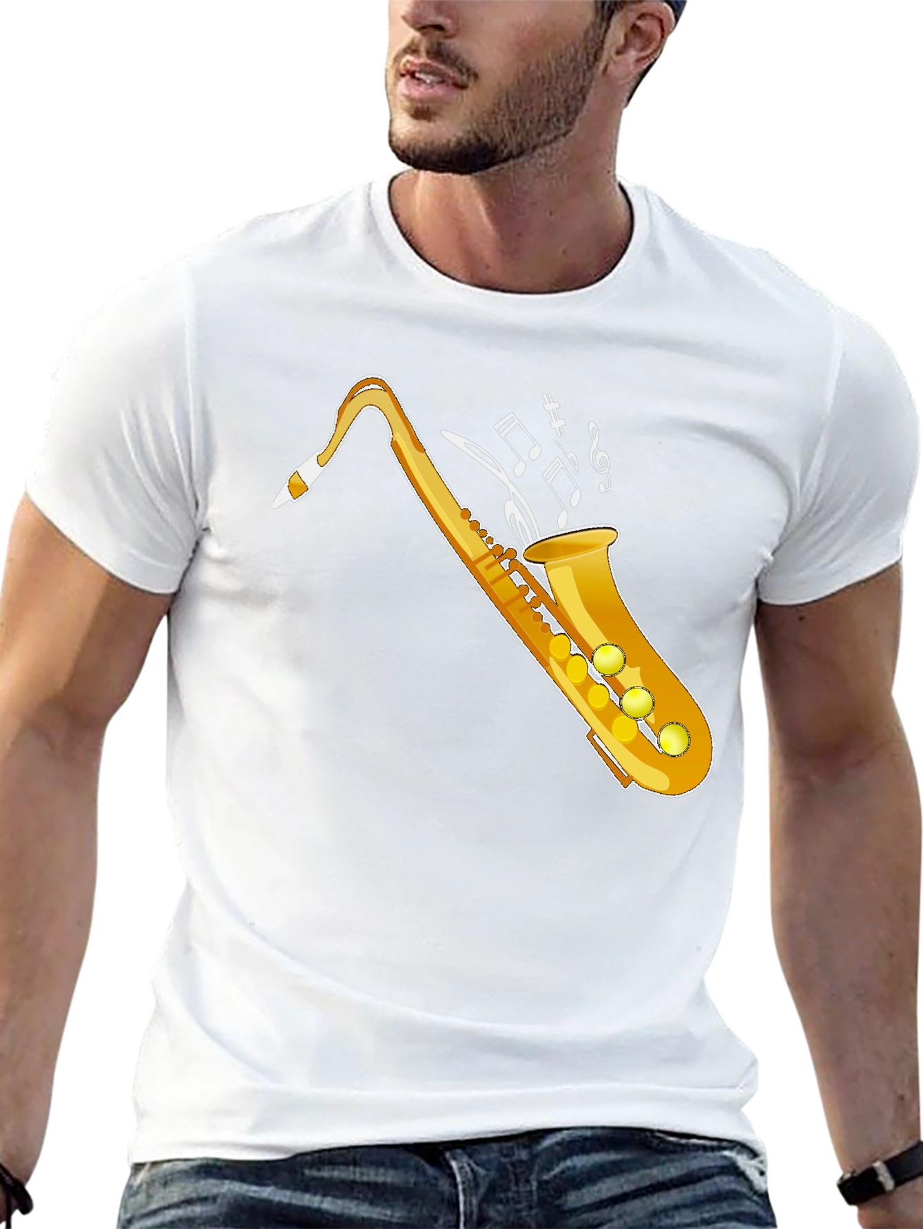Camiseta Negra con Diseño de Saxofón Dorado