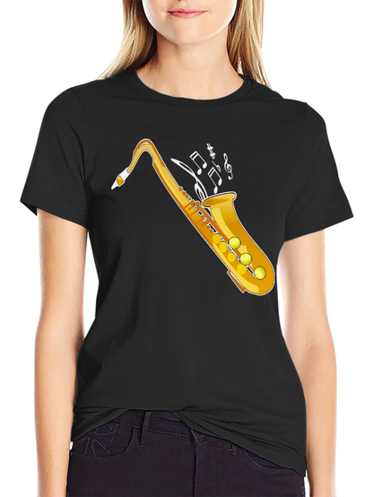 Camiseta Negra con Diseño de Saxofón Dorado