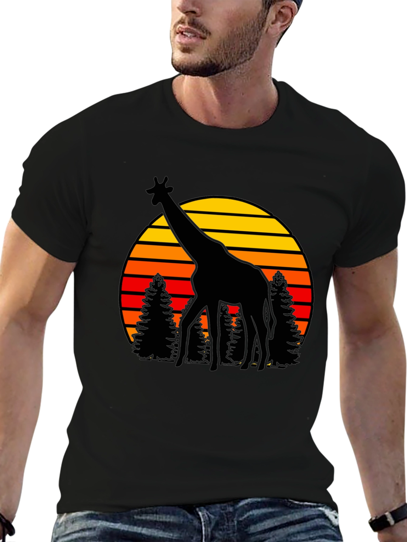 Camiseta Negra con Jirafa y Atardecer Retro