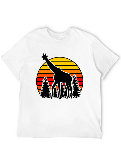 Camiseta Negra con Jirafa y Atardecer Retro