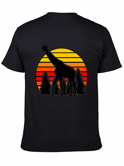 Camiseta Negra con Jirafa y Atardecer Retro