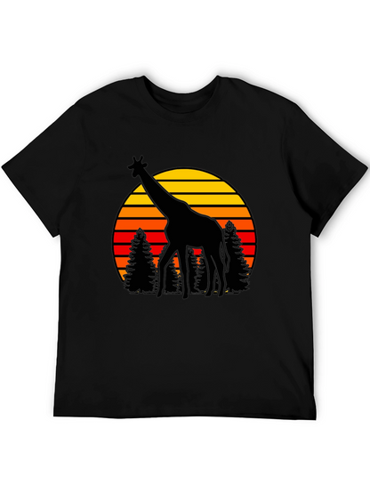 Camiseta Negra con Jirafa y Atardecer Retro
