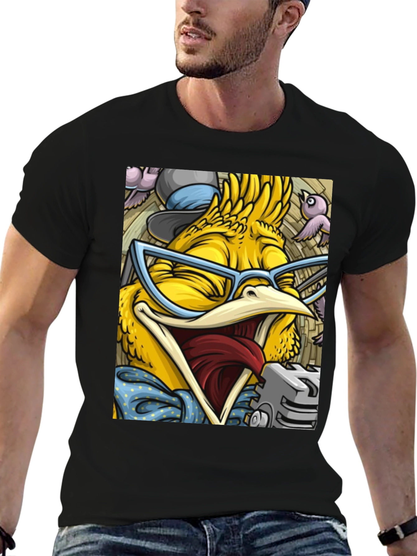 Camiseta Negra con Estampado de Pollo Divertido