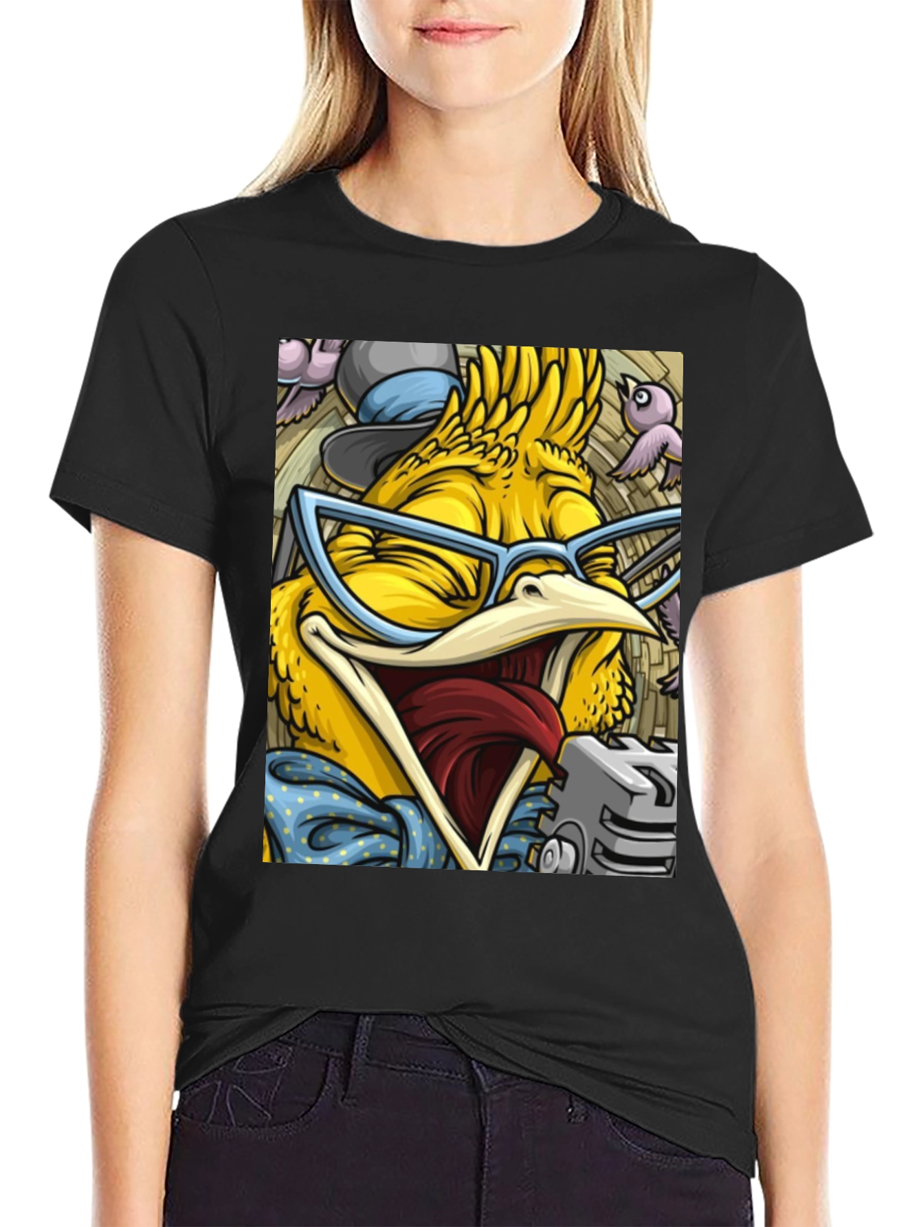 Camiseta Negra con Estampado de Pollo Divertido