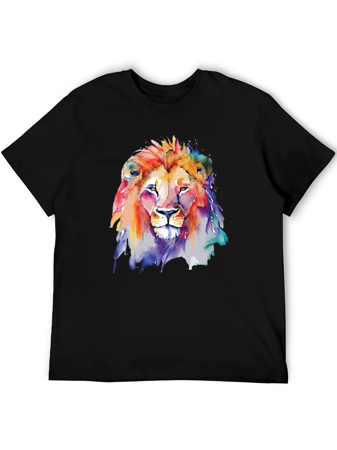 Camiseta Negra con León de Acuarela Artística