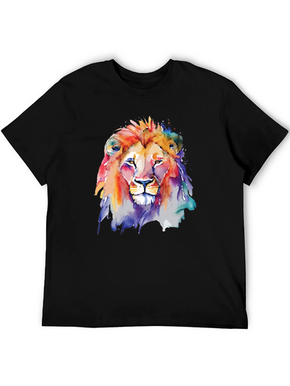 Camiseta Negra con León de Acuarela Artística