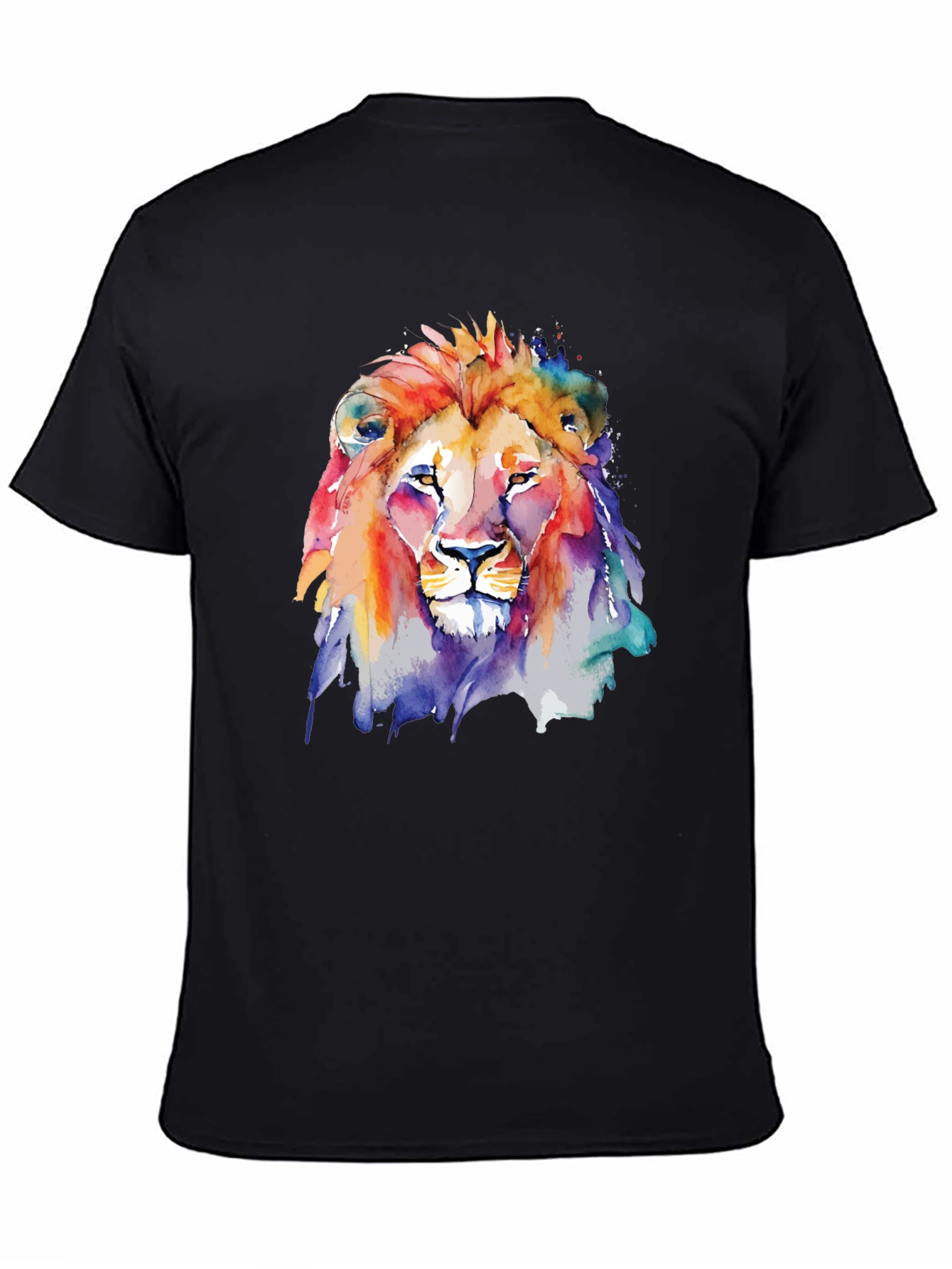 Camiseta Negra con León de Acuarela Artística