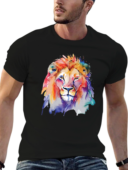 Camiseta Negra con León de Acuarela Artística