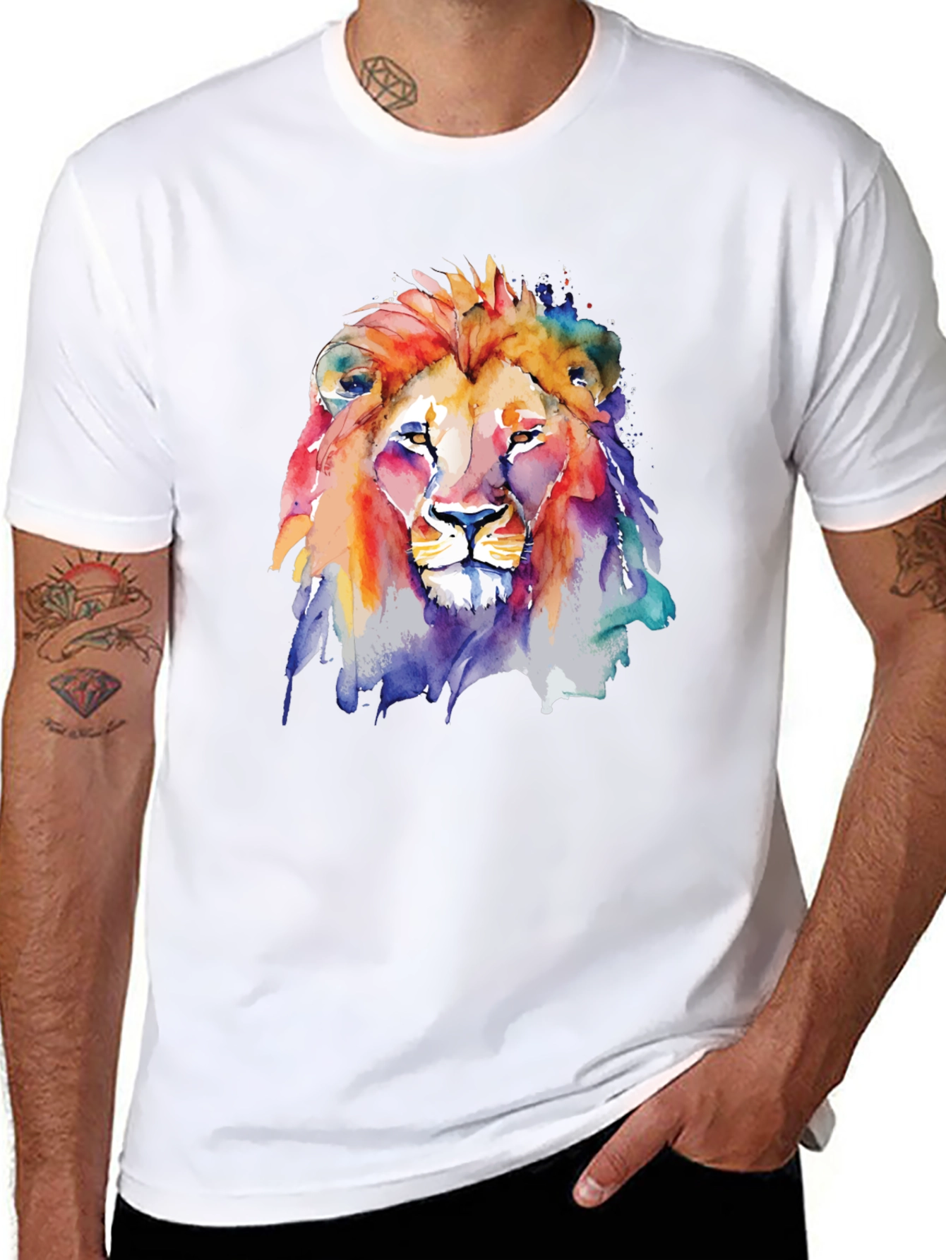 Camiseta Negra con León de Acuarela Artística