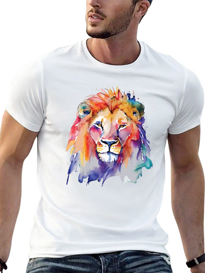 Camiseta Negra con León de Acuarela Artística