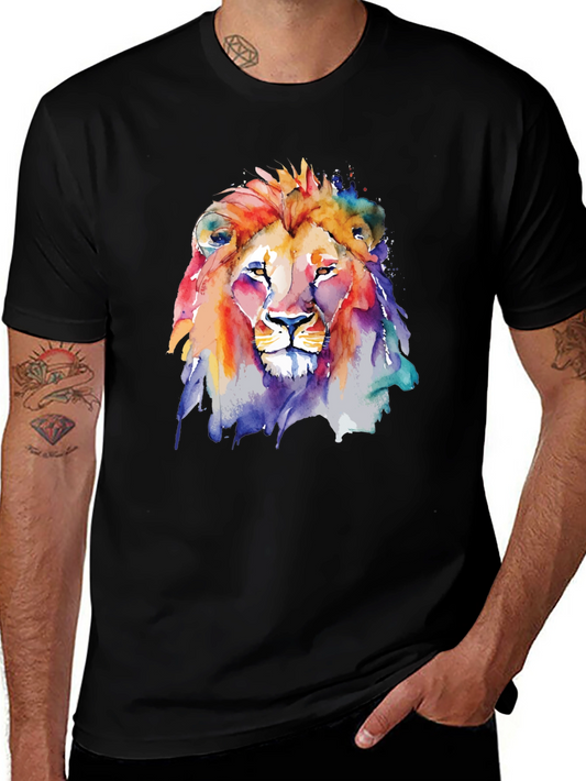 Camiseta Negra con León de Acuarela Artística