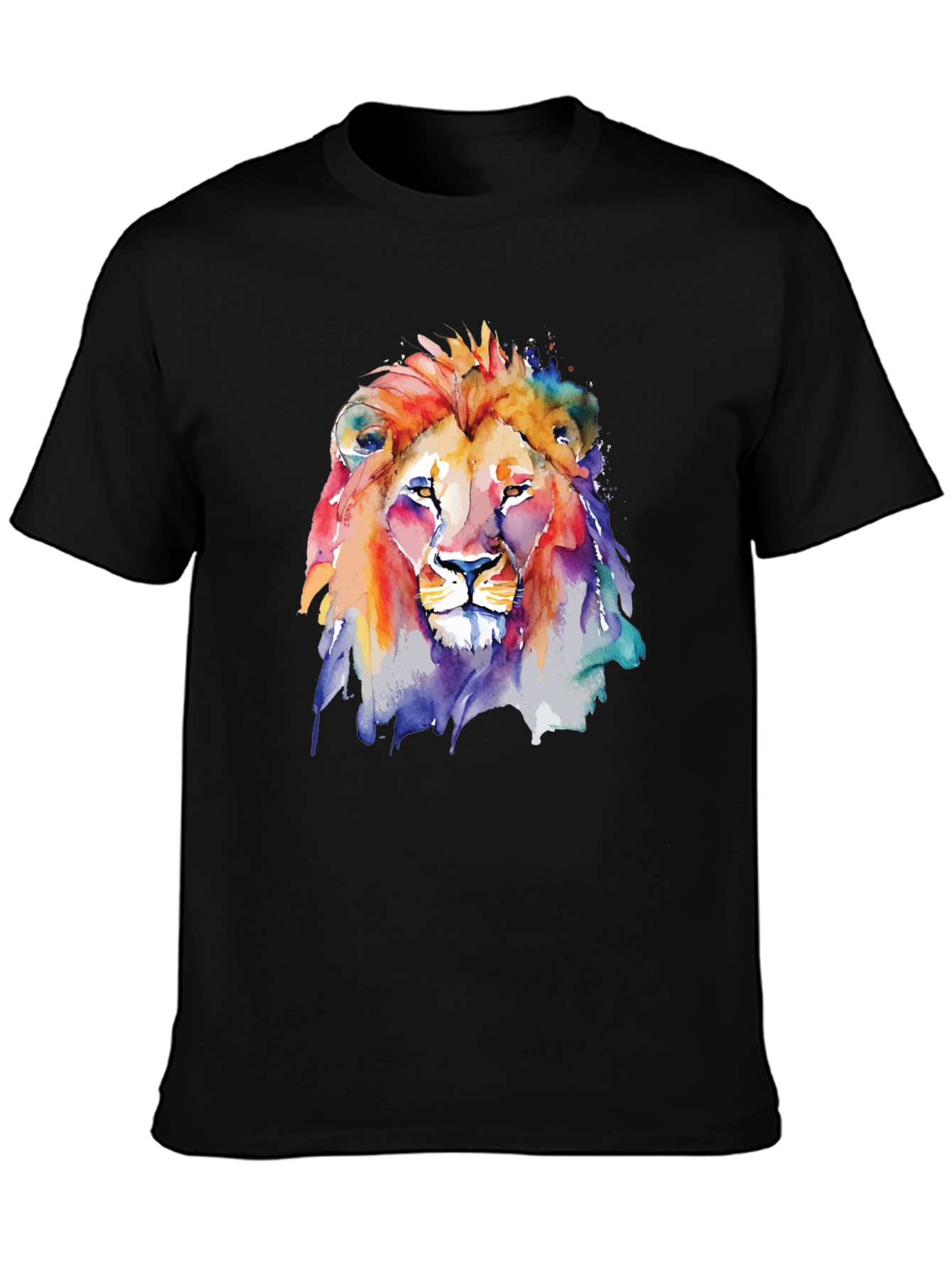 Camiseta Negra con León de Acuarela Artística
