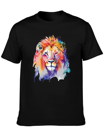 Camiseta Negra con León de Acuarela Artística