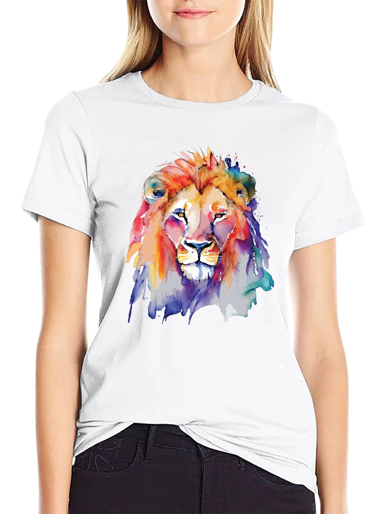 Camiseta Negra con León de Acuarela Artística