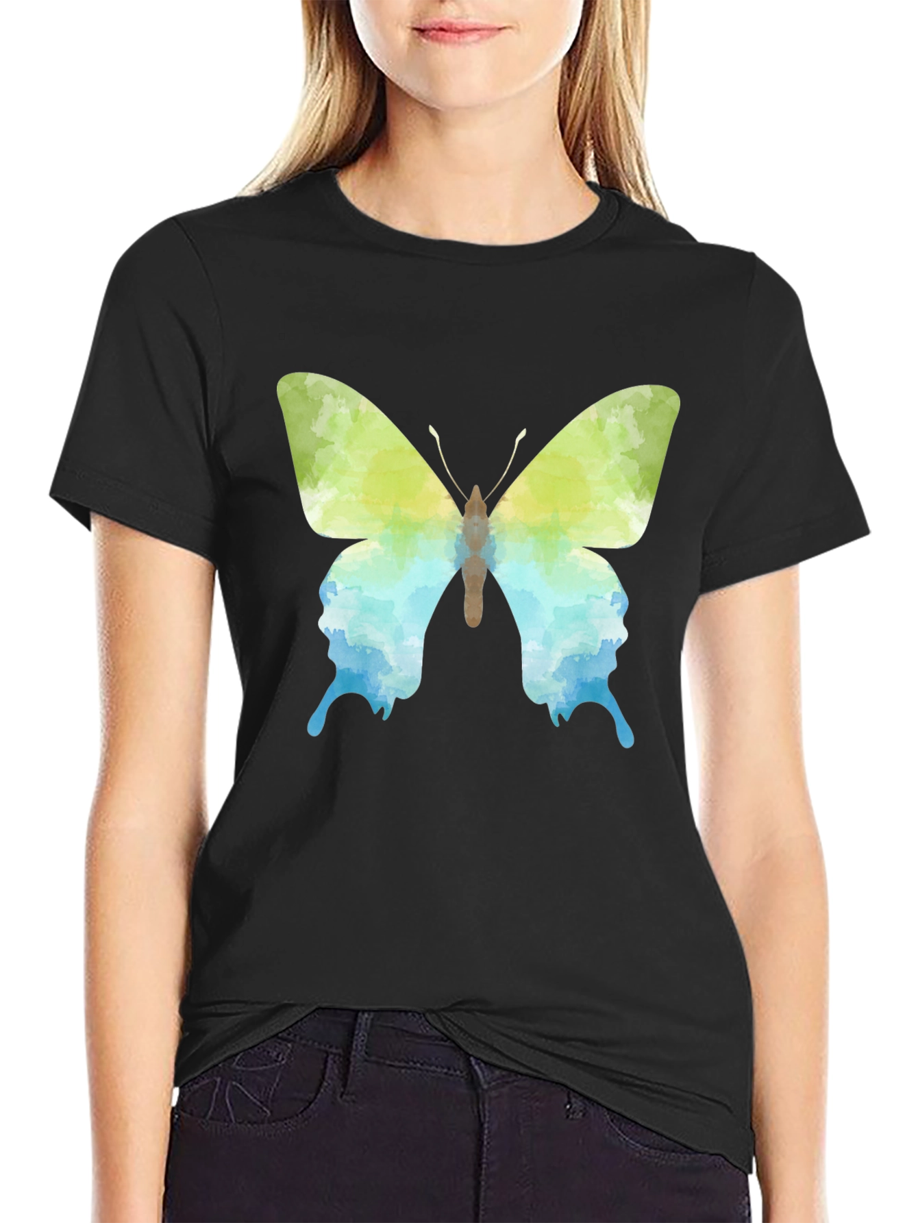 Camiseta Negra con Diseño de Mariposa Acuarela