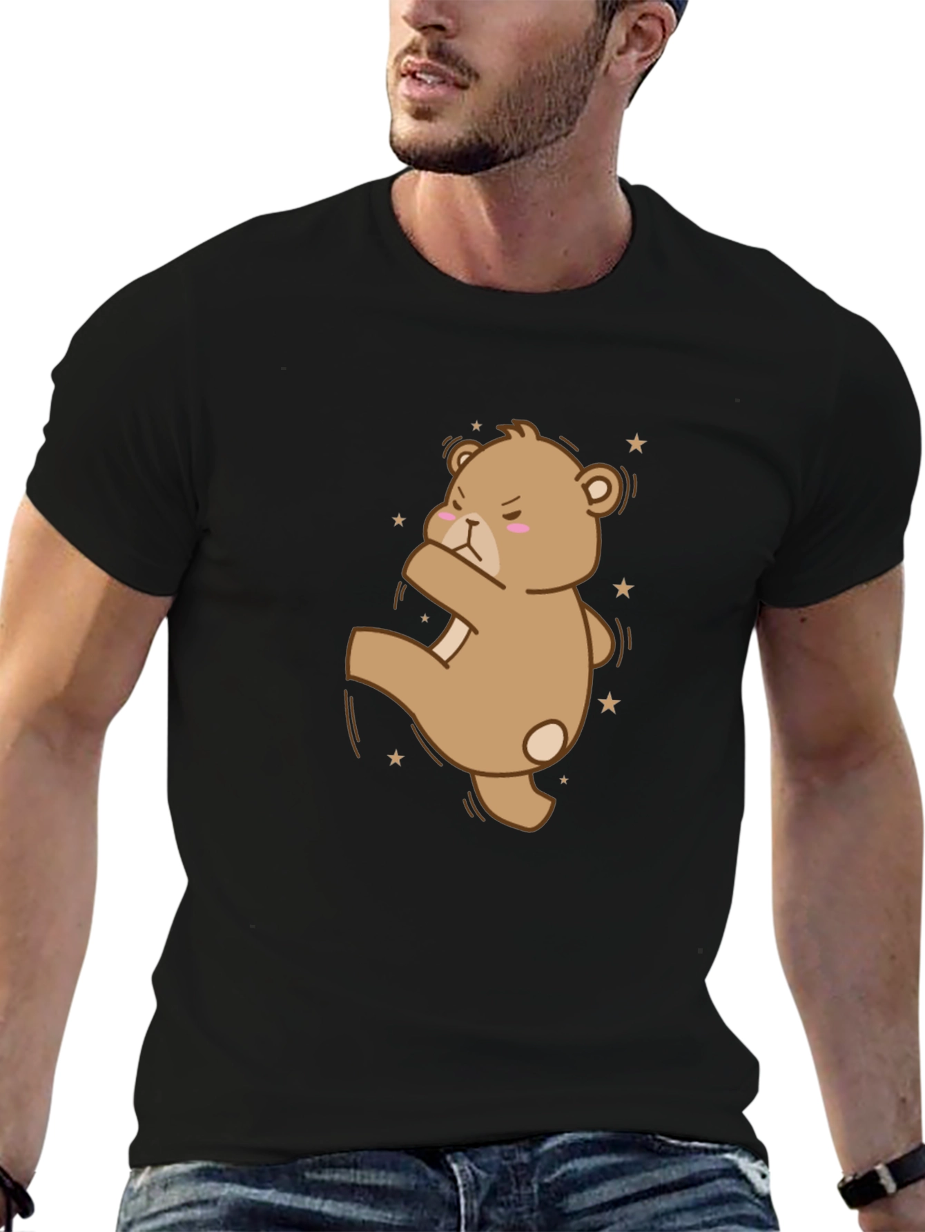 Camiseta Negra con Oso de Dibujos Animados