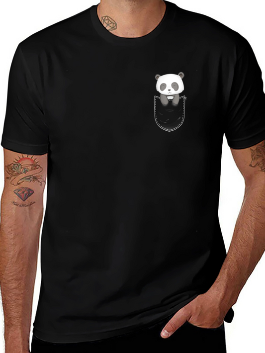 Camiseta Negra con Panda en Bolsillo - Casual y Divertida