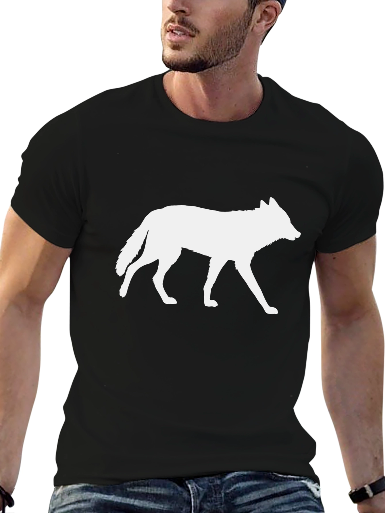 Camiseta Negra con Silueta de Lobo Blanco