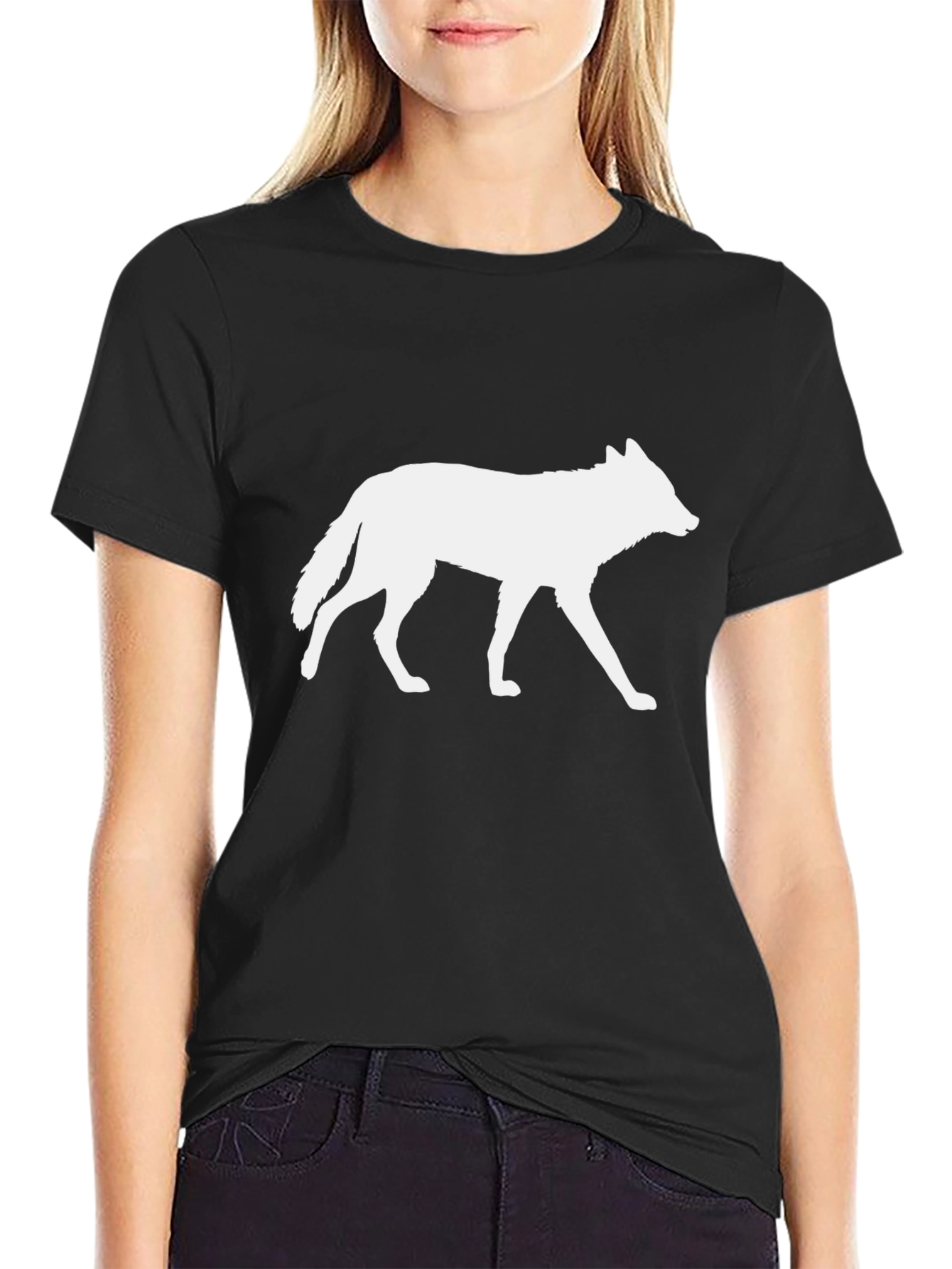 Camiseta Negra con Silueta de Lobo Blanco